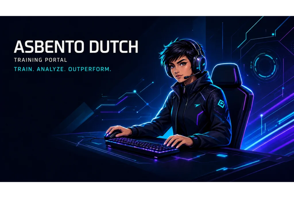 Gefocuste competitieve gamer met headset achter een computer in een futuristische blauw-paarse trainingsomgeving.